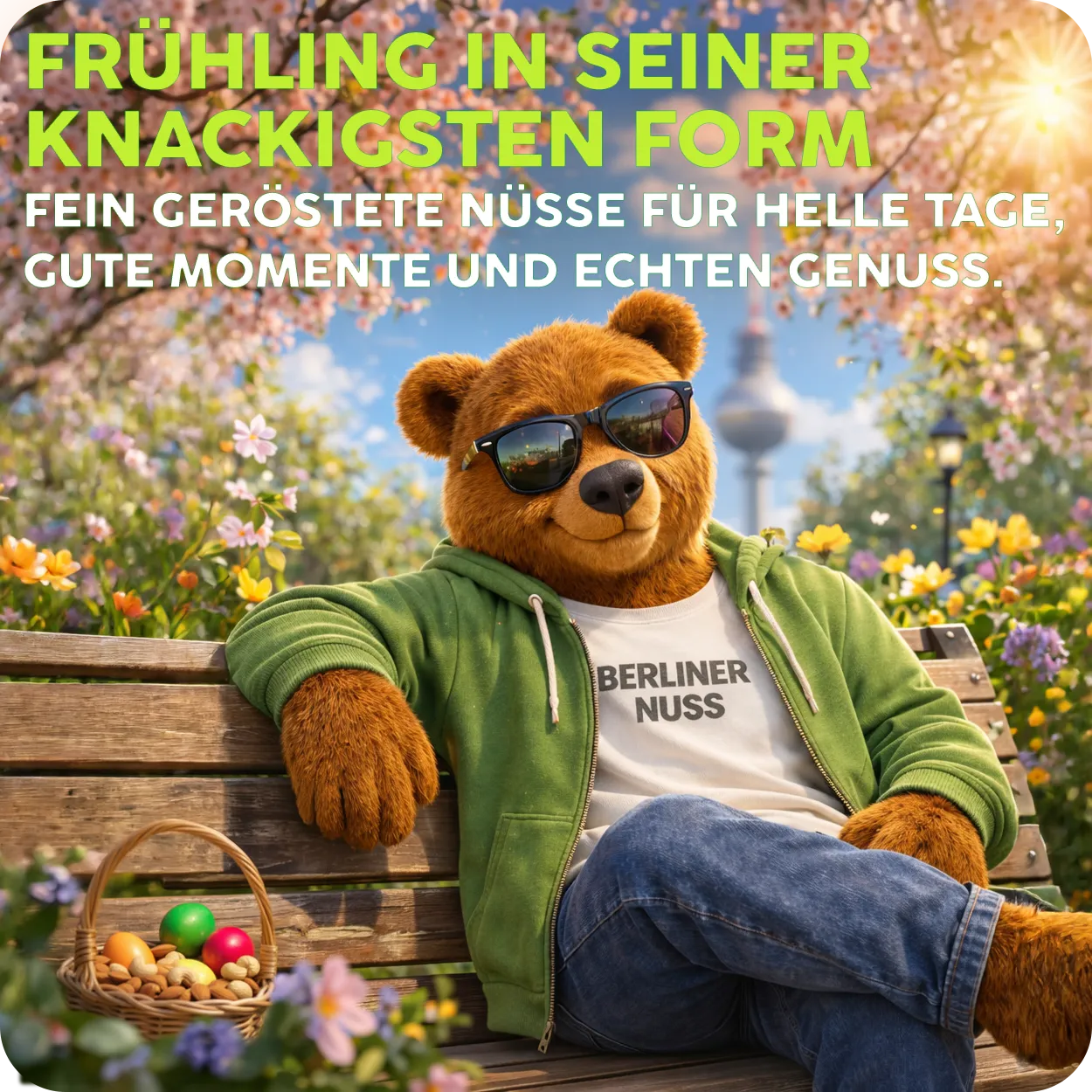 Bärnhard, das Maskottchen von Berliner Nuss, sitzt auf einer verschneiten Parkbank und begrüßt das neue Jahr 2026.