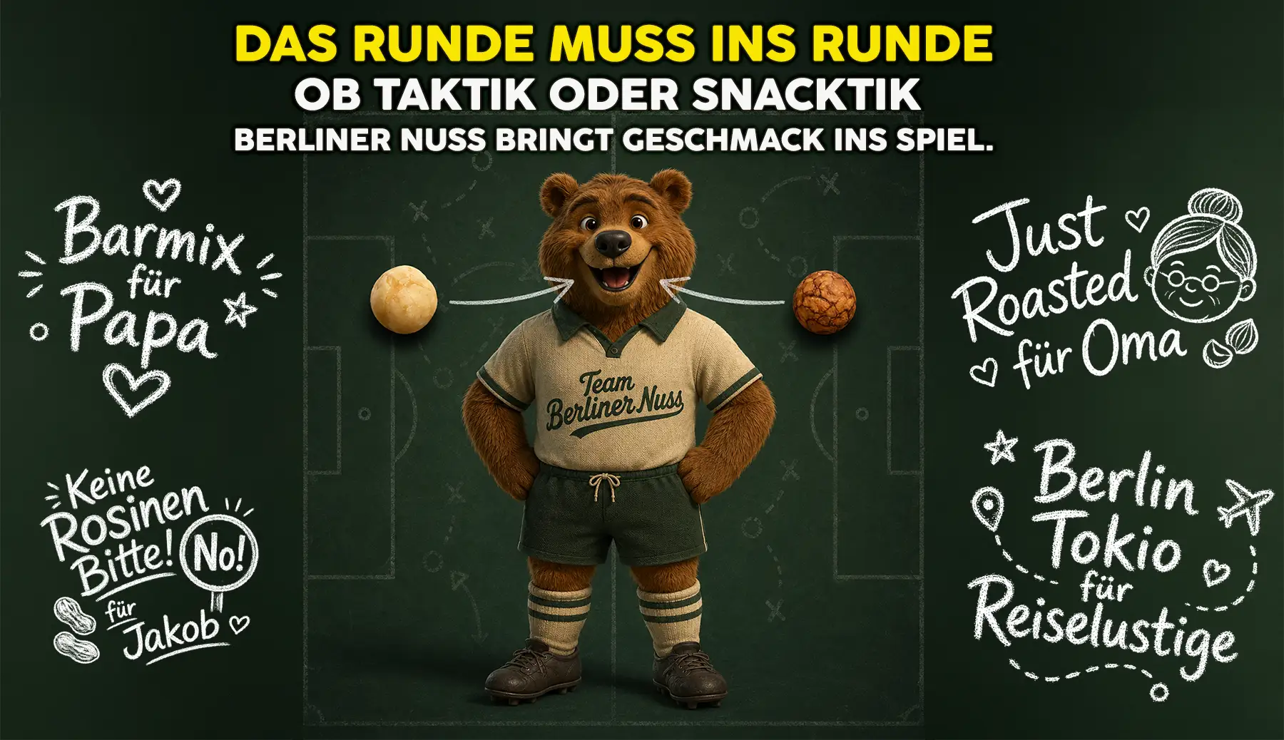 Bärnhard im Retro-Fußballtrikot vor einer Taktiktafel, Text: „Das Runde muss ins Runde – Ob Taktik oder Snacktik – Berliner Nuss bringt Geschmack ins Spiel.