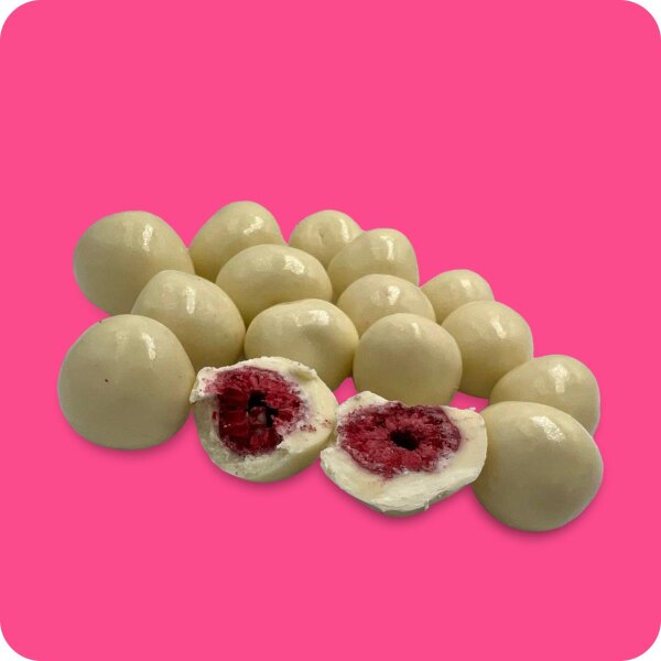 Gefriergetrocknete Himbeeren in weißer Schokolade 100g